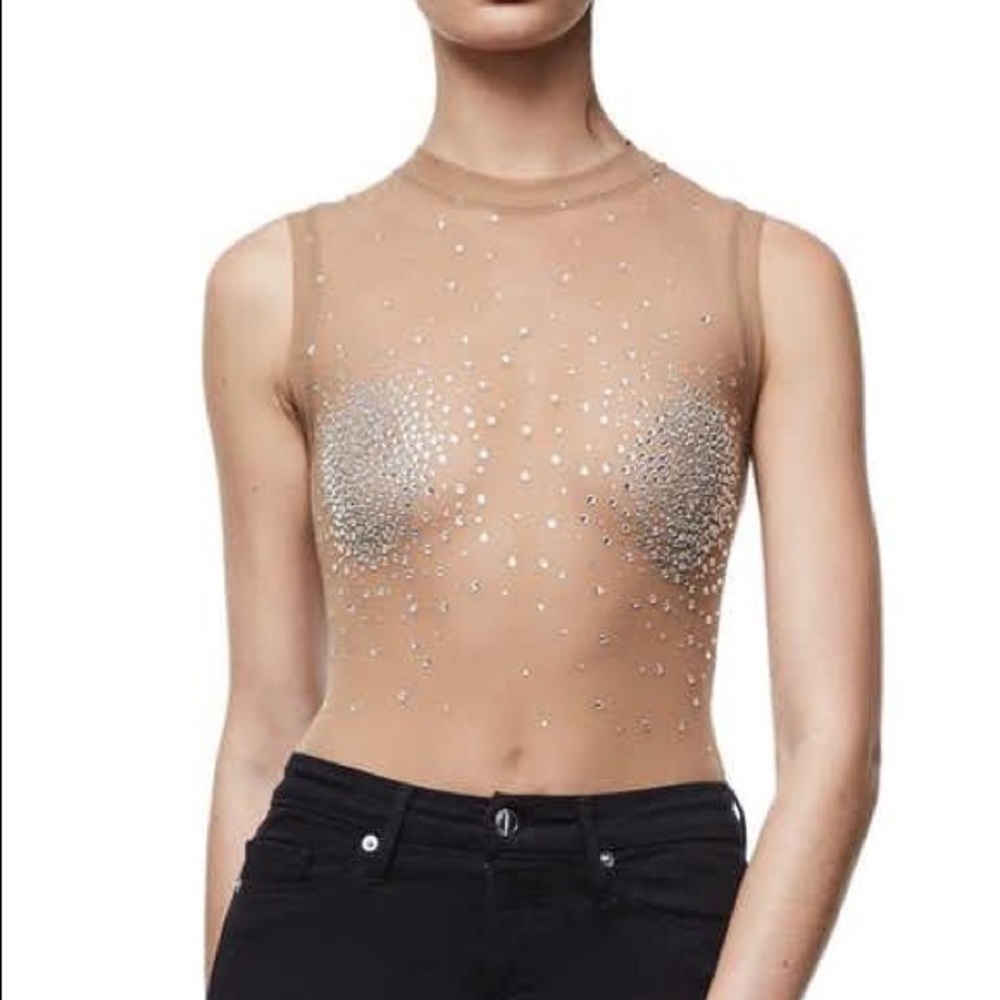 Good American rhinestone nude mesh bodysuit XL